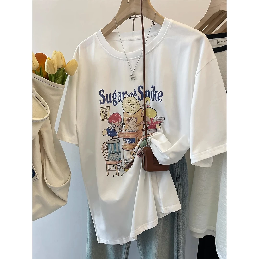 48h飞【搞怪小屁孩】纯棉短袖t恤女宽松休闲港风chic卡通半袖上衣服