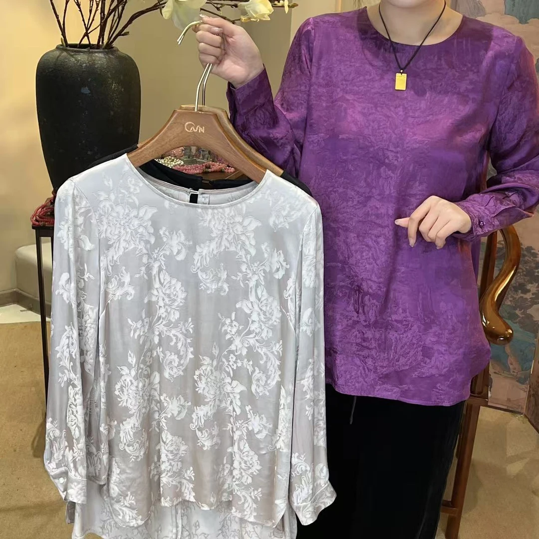 【圆领衬衫】重缎真丝提花经典圆领衬衫百搭.