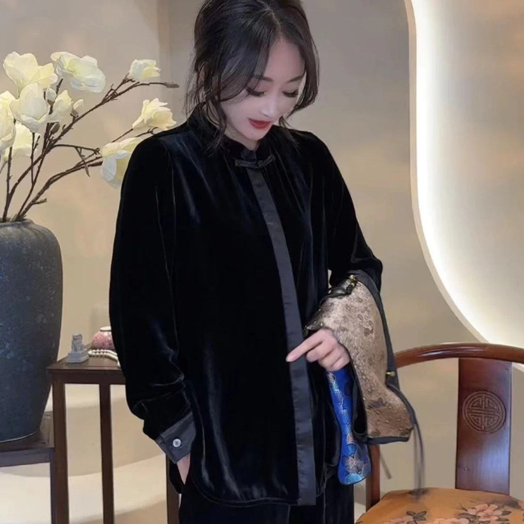 QNH-真丝丝绒拼接立领宽松版衬衫