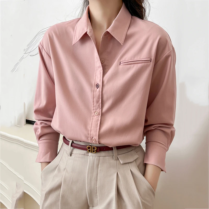2024新款高级感轻奢长袖衬衫通勤粉色高气质衬衣气质上衣女春秋季