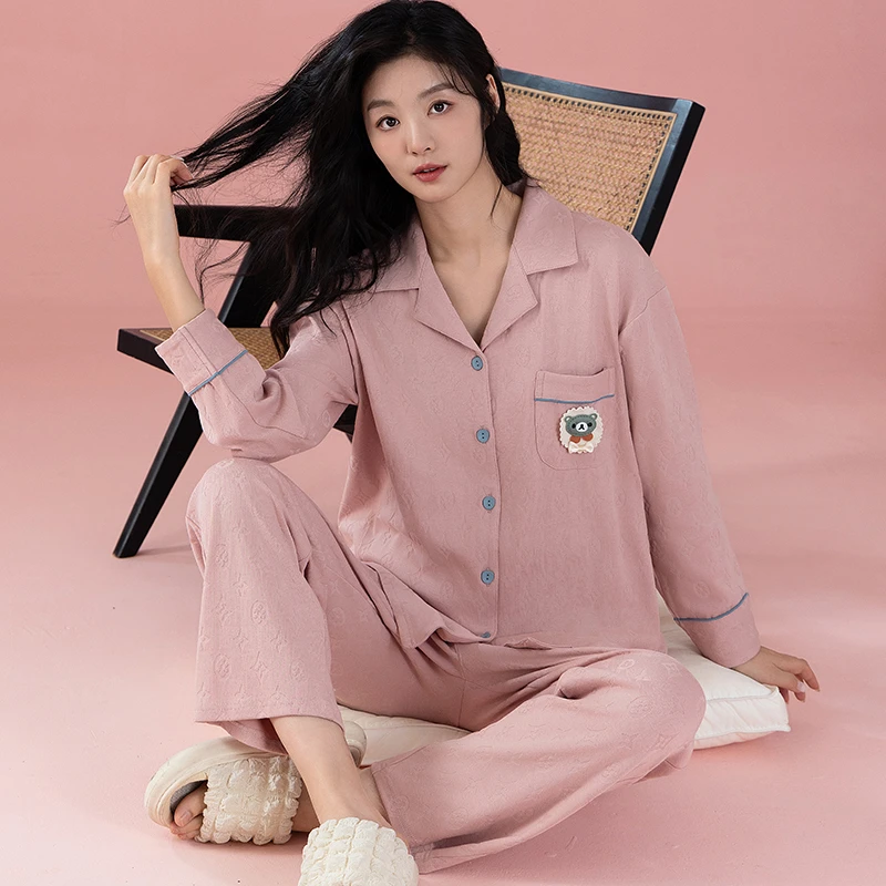 提花纯棉睡衣女款春秋季2025春季款纯色长袖女士可外穿家居服套装