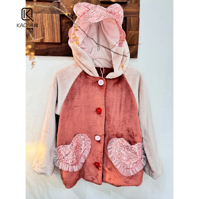 【裃琪原创】女童秋冬季新洋气公主女孩毛绒熊耳长袖连帽外套91366
