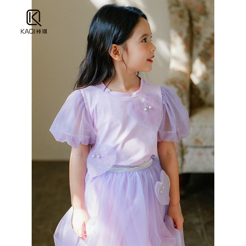【裃琪童装】【爱心】夏季新款中大童公主国风网纱灯笼袖上衣T恤90355