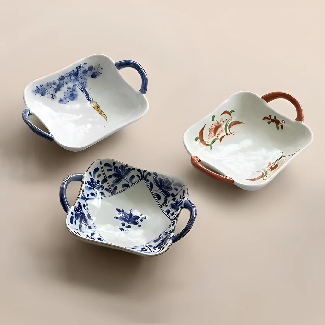 日本进口有田烧手绘釉下彩双耳钵沙拉盘日式家用陶瓷餐盘甜品盘