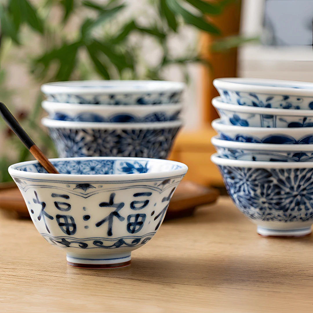 日本进口蓝凛堂12.5cm米饭碗喝粥碗陶瓷釉下彩汤碗日式家用吃饭碗
