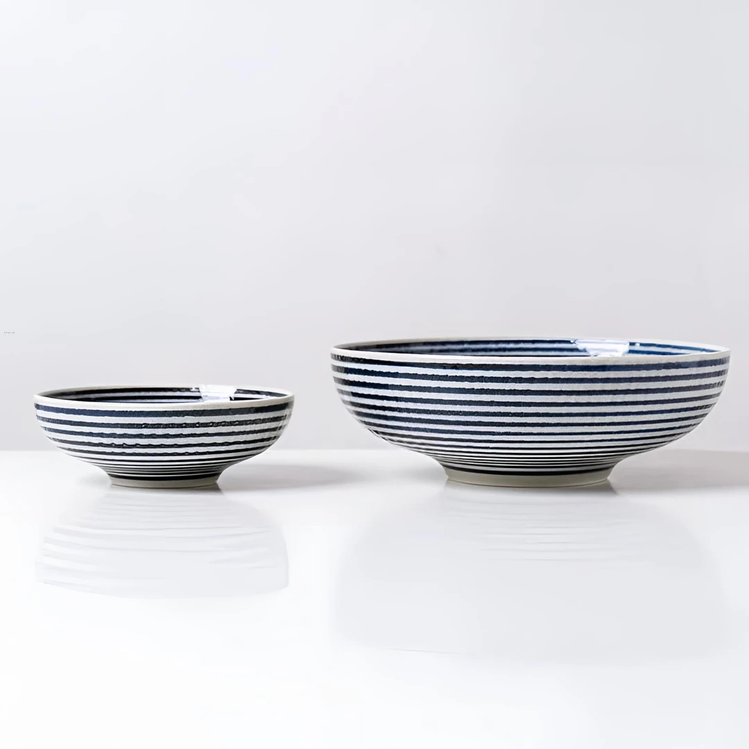 日本进口Barbar蓝驹手工手绘条纹饭碗家用釉下彩面碗沙拉碗复古风
