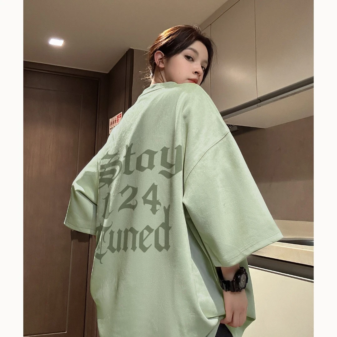 夏季美式潮牌复古高街字母烧花仿麂皮绒宽松男女情侣T恤短袖上衣