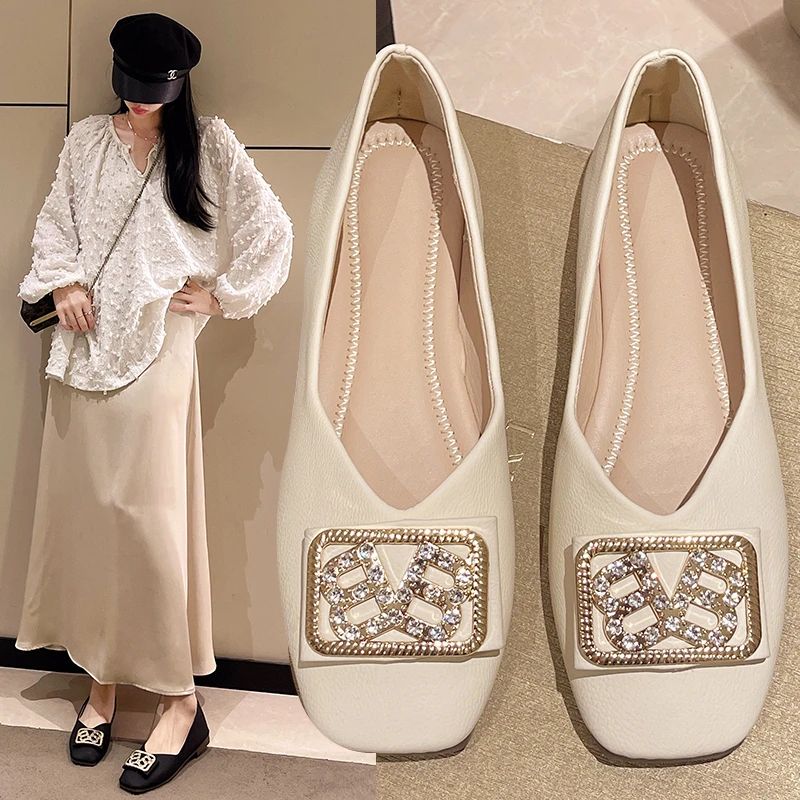 网红单鞋女2025夏季新款韩版水钻方扣仙女鞋软底豆豆鞋女平底女鞋