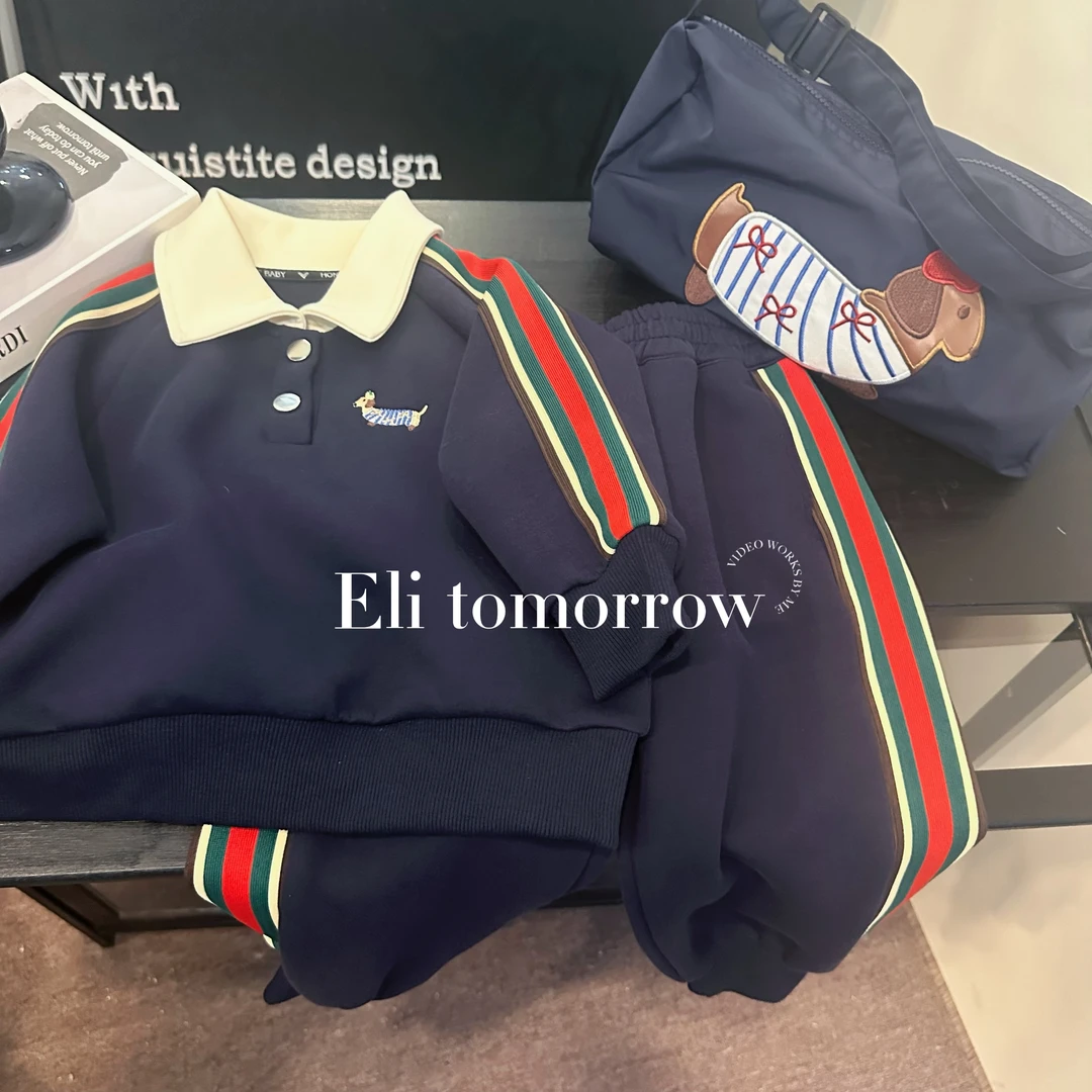 （新）2025新款早春潮童洋气儿童韩版POLO衫翻领休闲卫衣套装