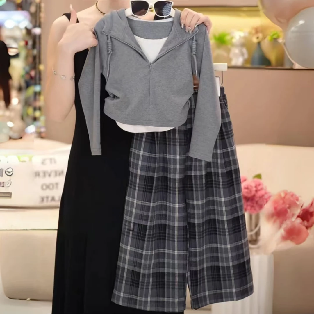 女童秋季套装2024新款韩版拉链假两件上衣儿童格子阔腿裤两件套潮