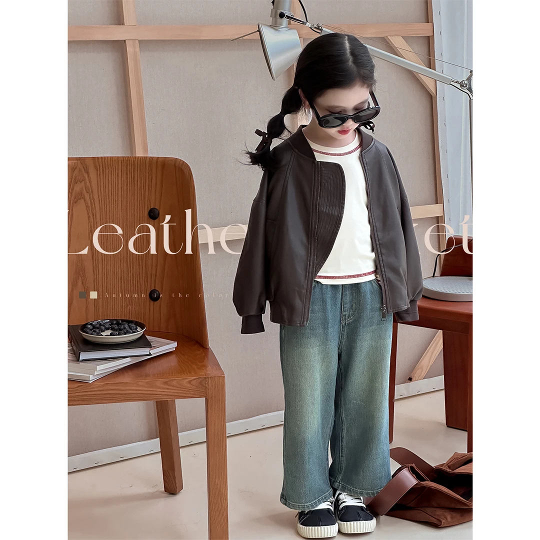 【酷姐】BLUEPAPA女童外套2024秋季新款儿童帅气复古皮衣肌理感上衣