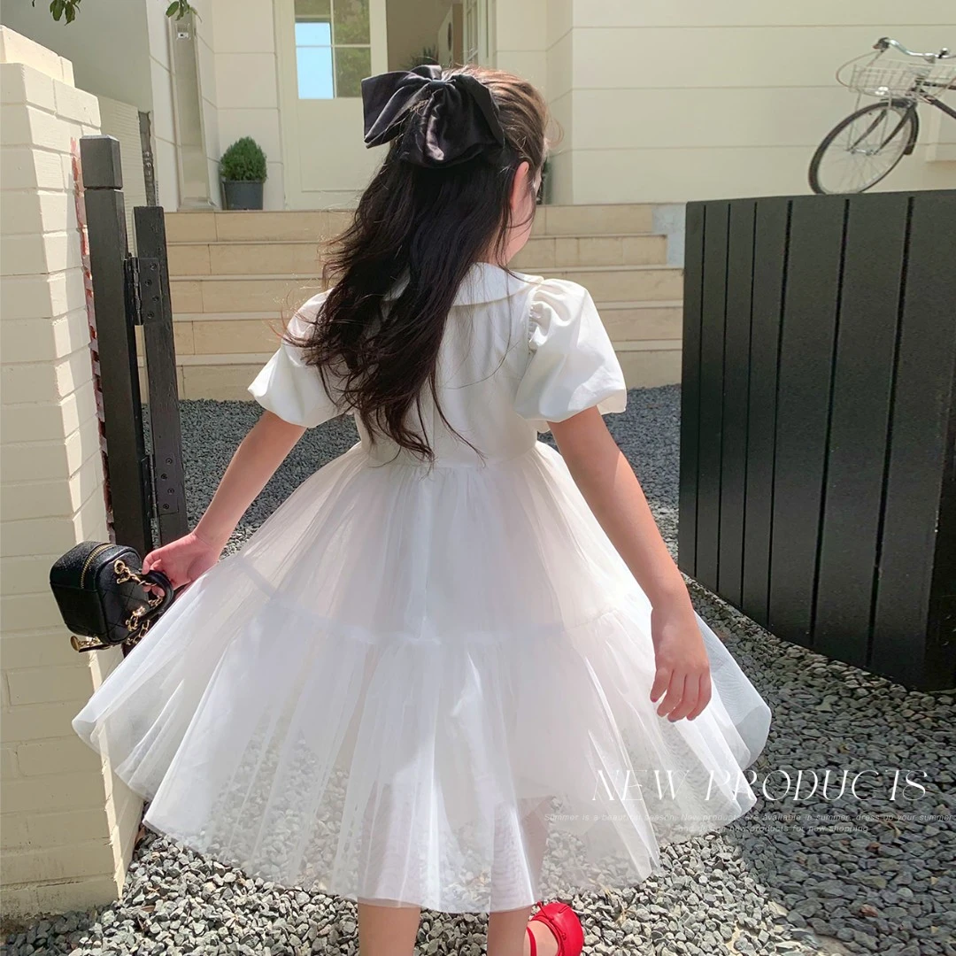 【画廊女孩】蓝小爸女童连衣裙2023夏季新款网纱公主裙娃娃领长裙