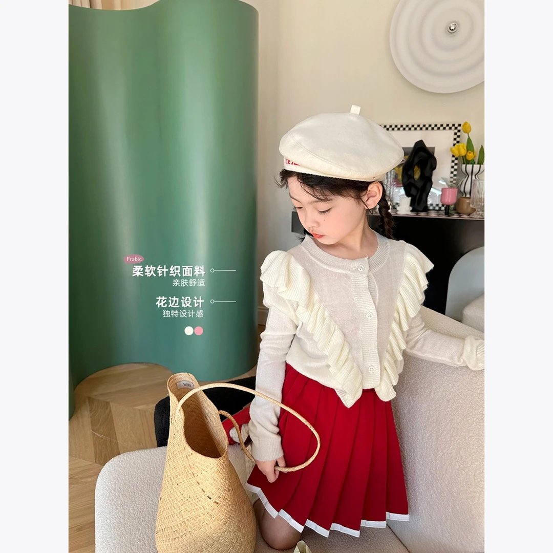 蓝小爸女童针织开衫2023春季新款儿童洋气荷叶边衬衫宝宝长袖上衣