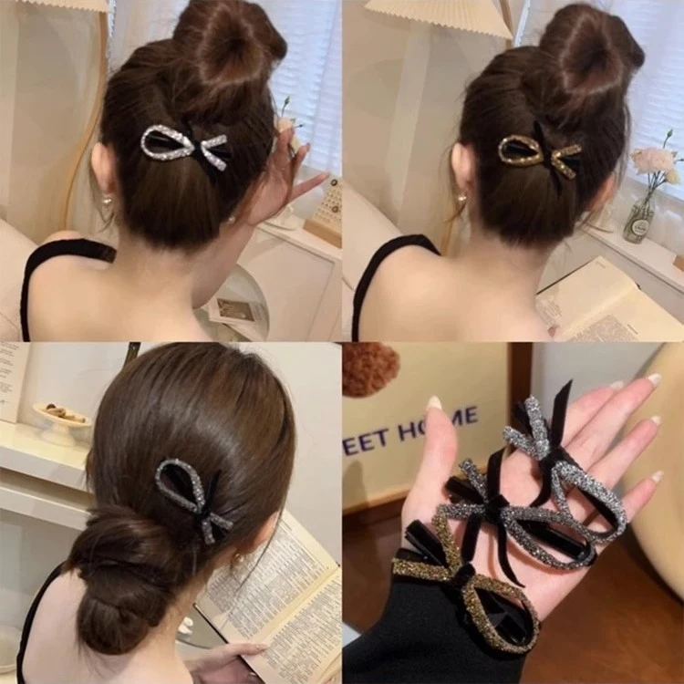 非金属发饰 网红发夹女2023新款复古丝绒刘海夹水钻蝴蝶结一字夹