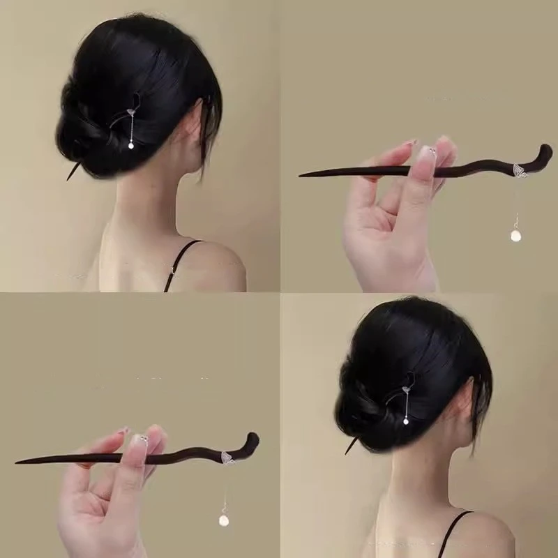 新款蝴蝶落下新中式古典黑檀木发簪女高级感流苏合金步摇发钗发饰