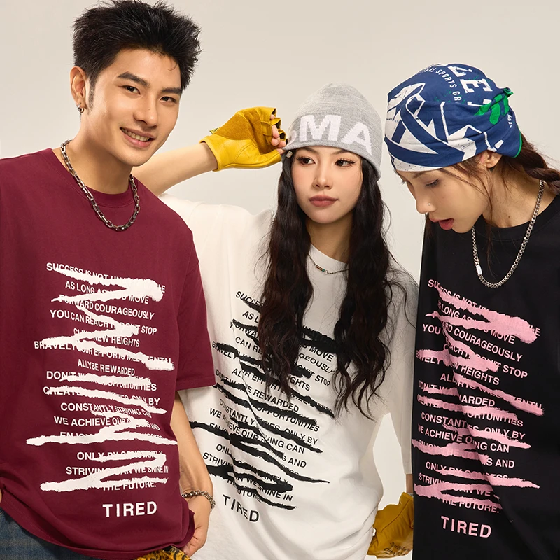 TIRED高街字母印花情侣短袖t恤男女同款夏季圆领上衣百搭休闲tee