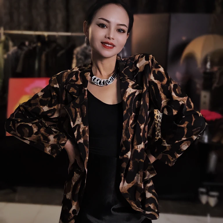 豹纹西装领开衫上衣女2025春季新款高端大牌气质御姐风长袖外套
