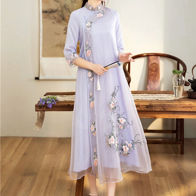 【洛浠】春夏新款中国风旗袍禅服茶服刺绣气质大码女装复古连衣裙