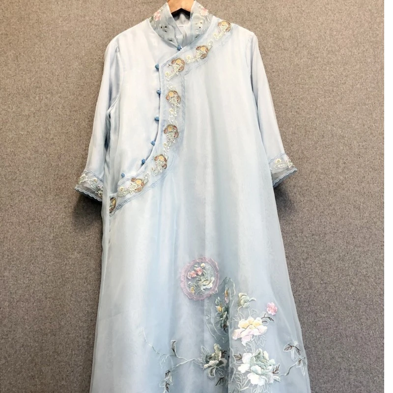 高端定制女装100%真丝手工苏绣新中式旗袍仙连衣裙婵茶服大码女装