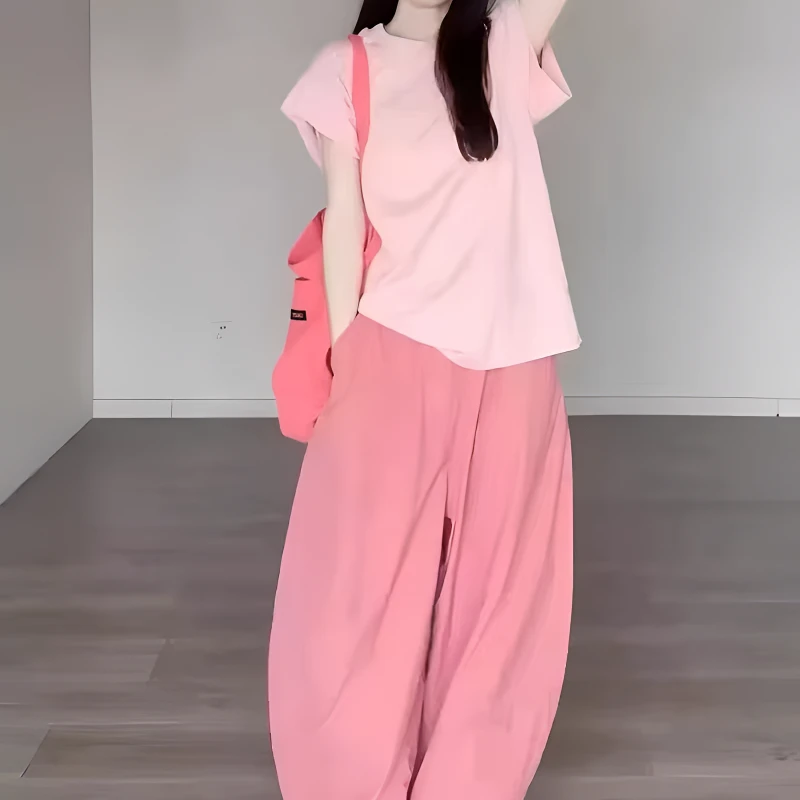 女小个夏日多巴胺T恤阔腿裤两件套慵懒风俏皮减龄活泼套装大码
