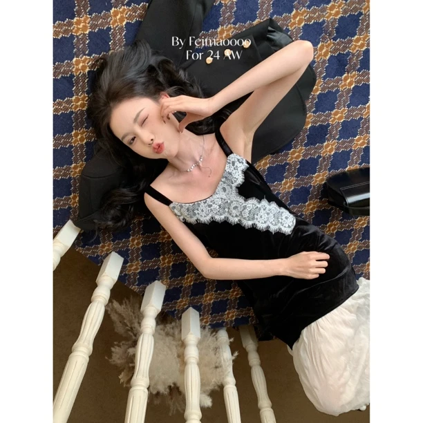 【赵小小yimao】75325 法式名媛蕾丝拼接吊带甜美气质修身连衣裙