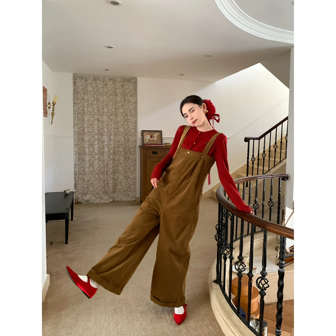 【赵小小yimao】75912 复古减龄纯色休闲宽松长裤收腰显瘦背带裤