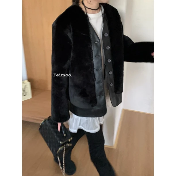 【赵小小yimao】76502 小众高级感拼皮假两件V领廓形百搭短大衣外套