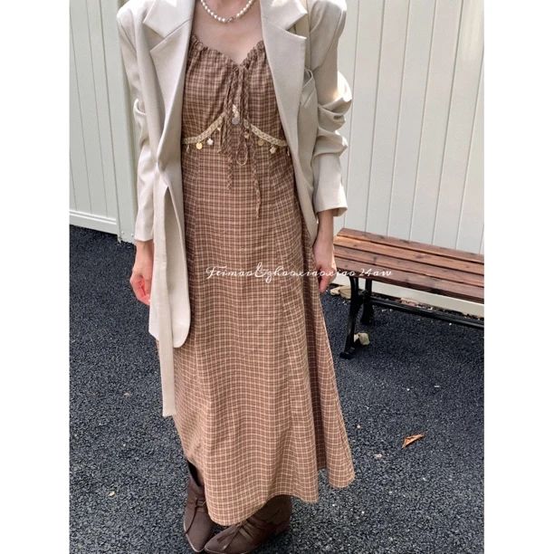 【赵小小yimao】75218 秋季新款法式格子海边度假吊带连衣裙