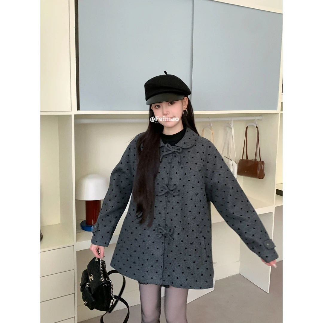【赵小小yimao】76260 波点娃娃领毛呢大衣法式气质宽松显瘦外套