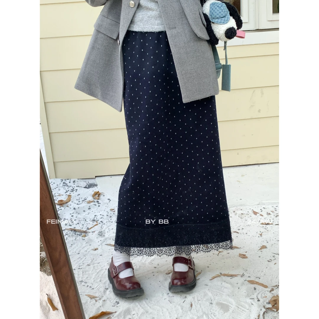 【赵小小yimao】A-7054 波点高腰复古蕾丝下摆拼接开叉加绒半身裙