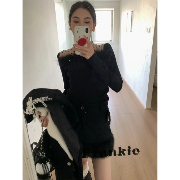 【赵小小yimao】76596 法式高级感毛毛网纱拼接套头针织衫显瘦上衣