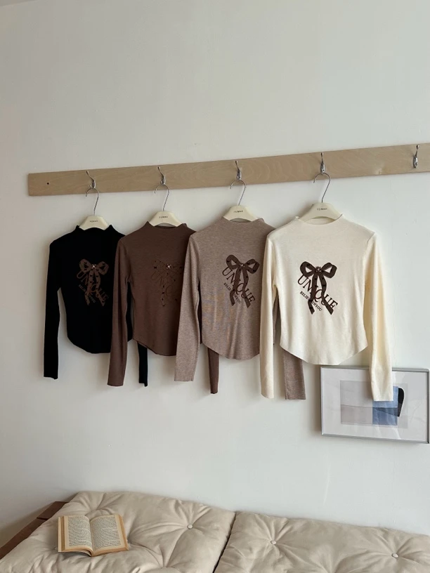 【赵小小yimao】6256 法式气质纯欲甜美蝴蝶结长袖针织衫不规则上衣