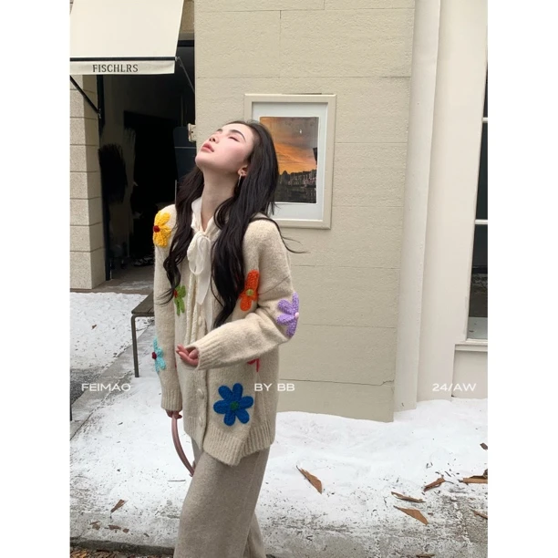 【赵小小yimao】94199 重工手钩立体花朵针织开衫V领宽松毛衣外套