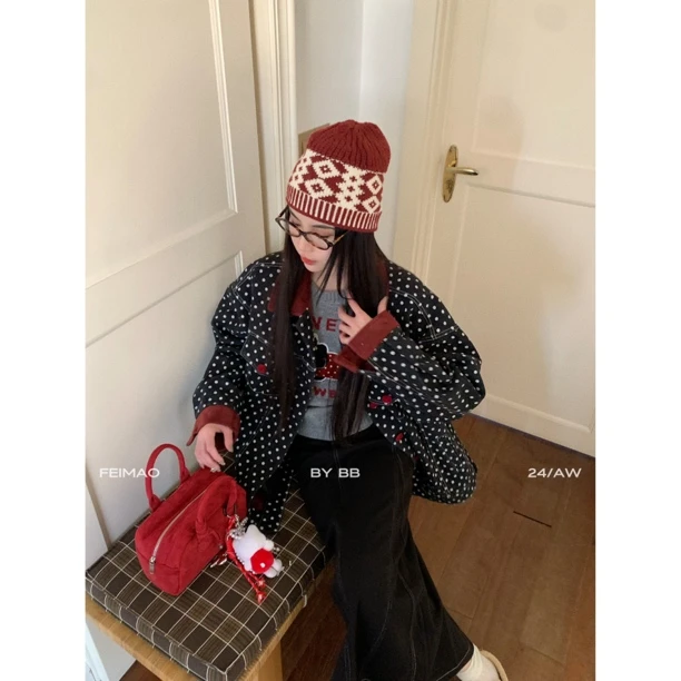 【赵小小yimao】76215 秋季美式复古满印撞色翻领波点宽松夹克外套