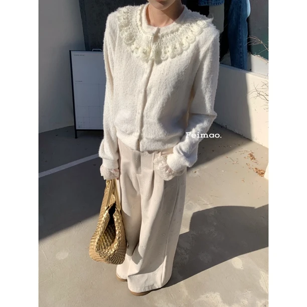【赵小小yimao】76752 法式白色蕾丝花边开衫加厚针织衫高级毛衣