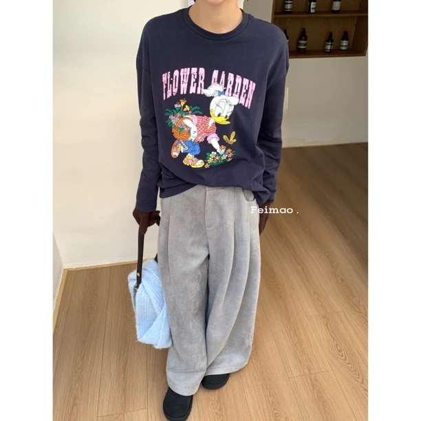 【赵小小yimao】76630 卡通圆领藏蓝色磨毛印花套头长袖上衣