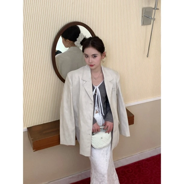 【赵小小yimao】75722 小众通勤宽松压印中长款pu皮百搭西装外套