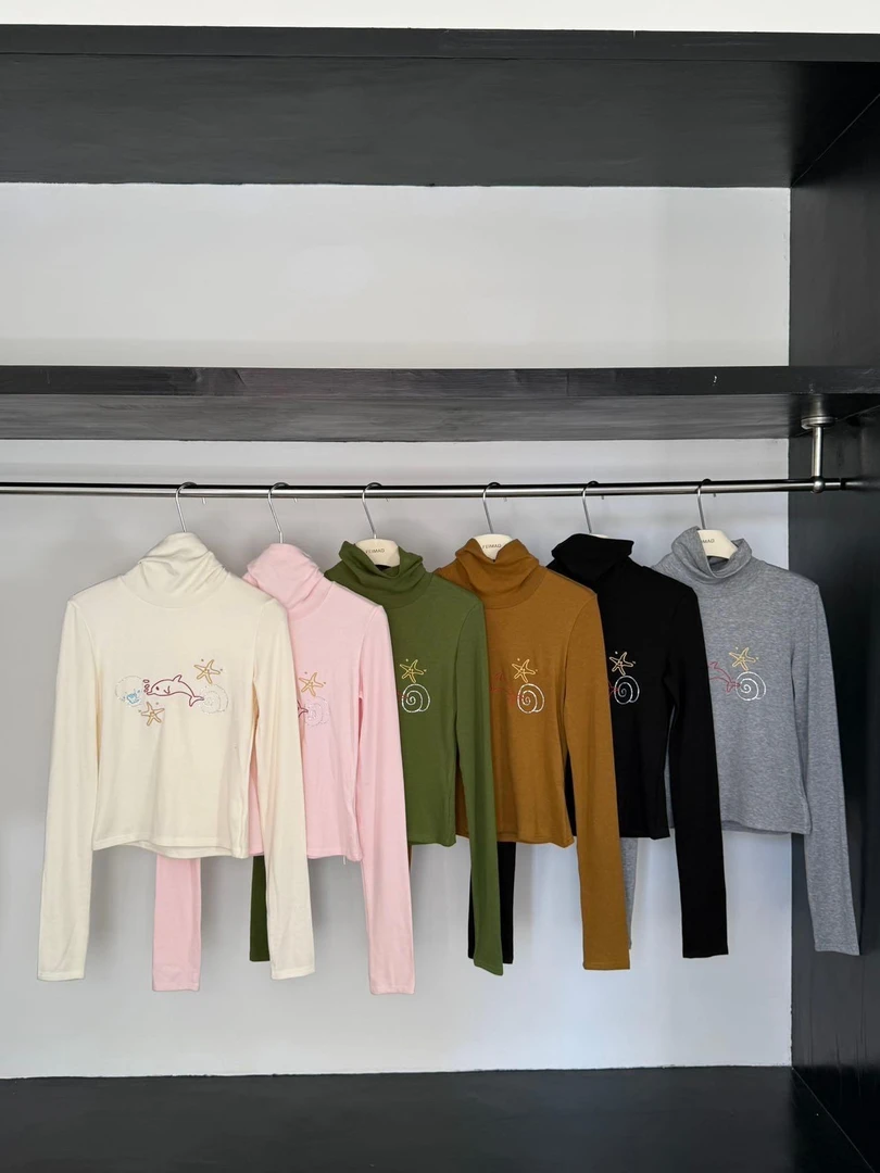 76122 美式复古辣妹烫钻半高领修身显瘦打底上衣