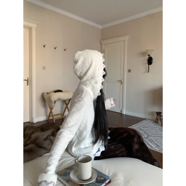 【温柔的白富美】76693 蕾丝白色连帽衬衫高级感冷淡系御姐长袖上衣