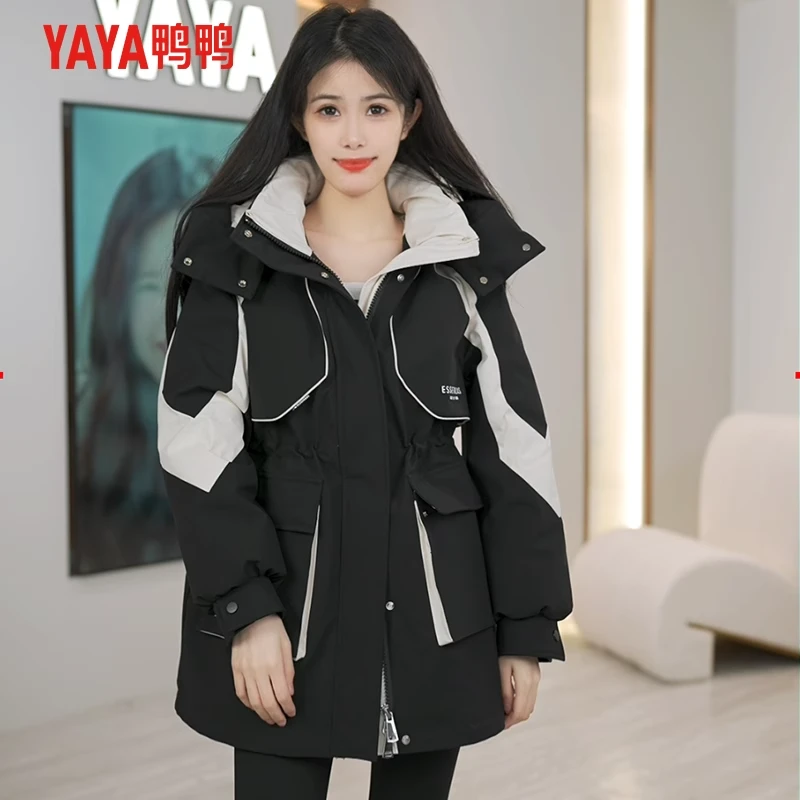 YAYA/鸭鸭轻暖感中长派克羽绒服冬黑长羽绒服冬季外套YE3B629903W