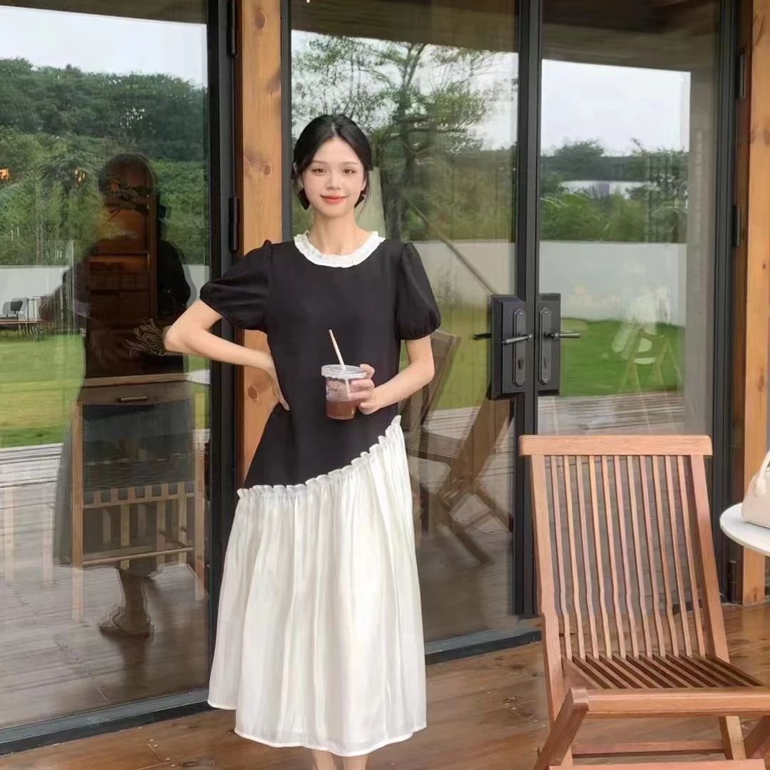 显瘦气质时尚百搭夏季黑色简约拼接连衣裙蕾丝白色休闲中长款纯色