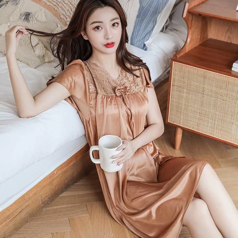 冰丝睡衣裙女夏带胸垫性感短袖韩版大码胖妹妹睡裙薄款蕾丝睡衣
