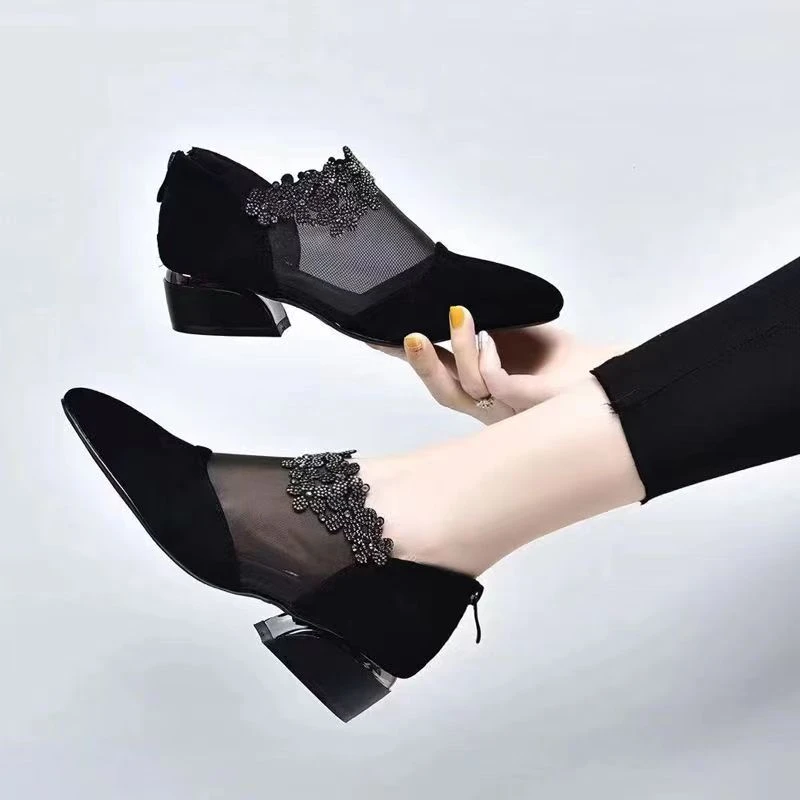 新款网纱气质女士春季高跟平底浅口中跟跟鞋平底浅口中跟跟鞋