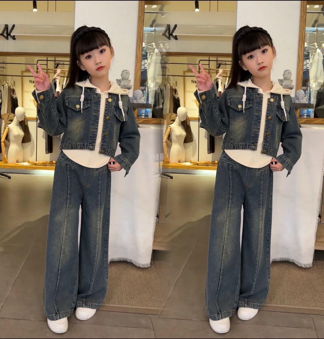 韩版春秋纯色牛仔女童时髦圆领两件套套装洋气时尚