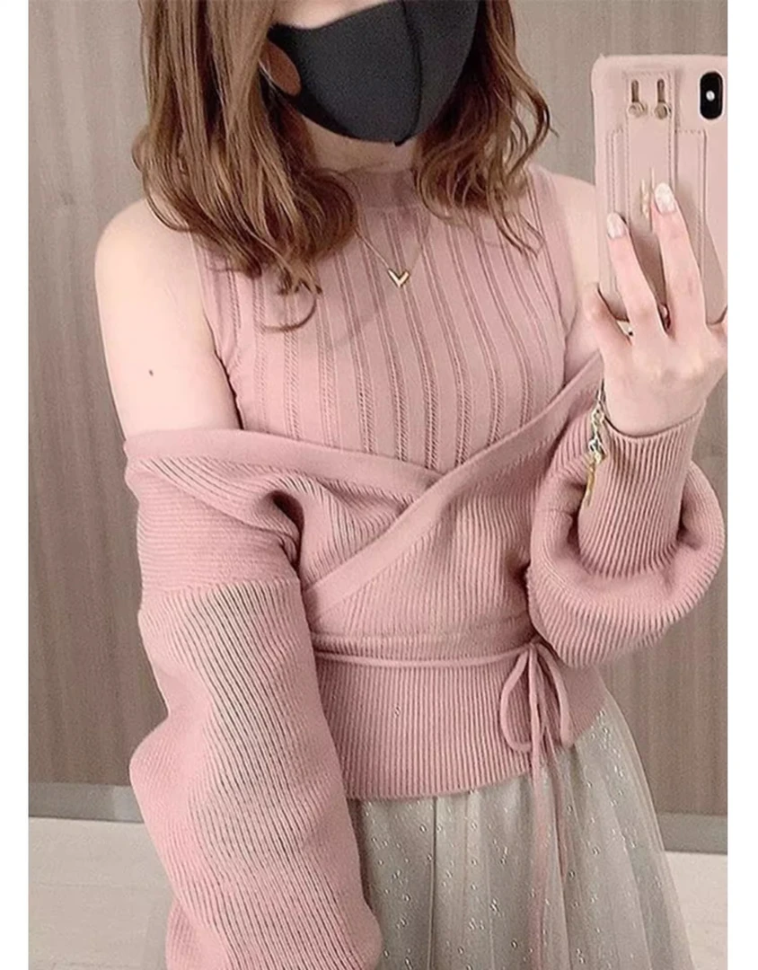 甜美时尚假两件露肩两穿樱花妹纯色交叉背心拼接可系带长袖针织衫