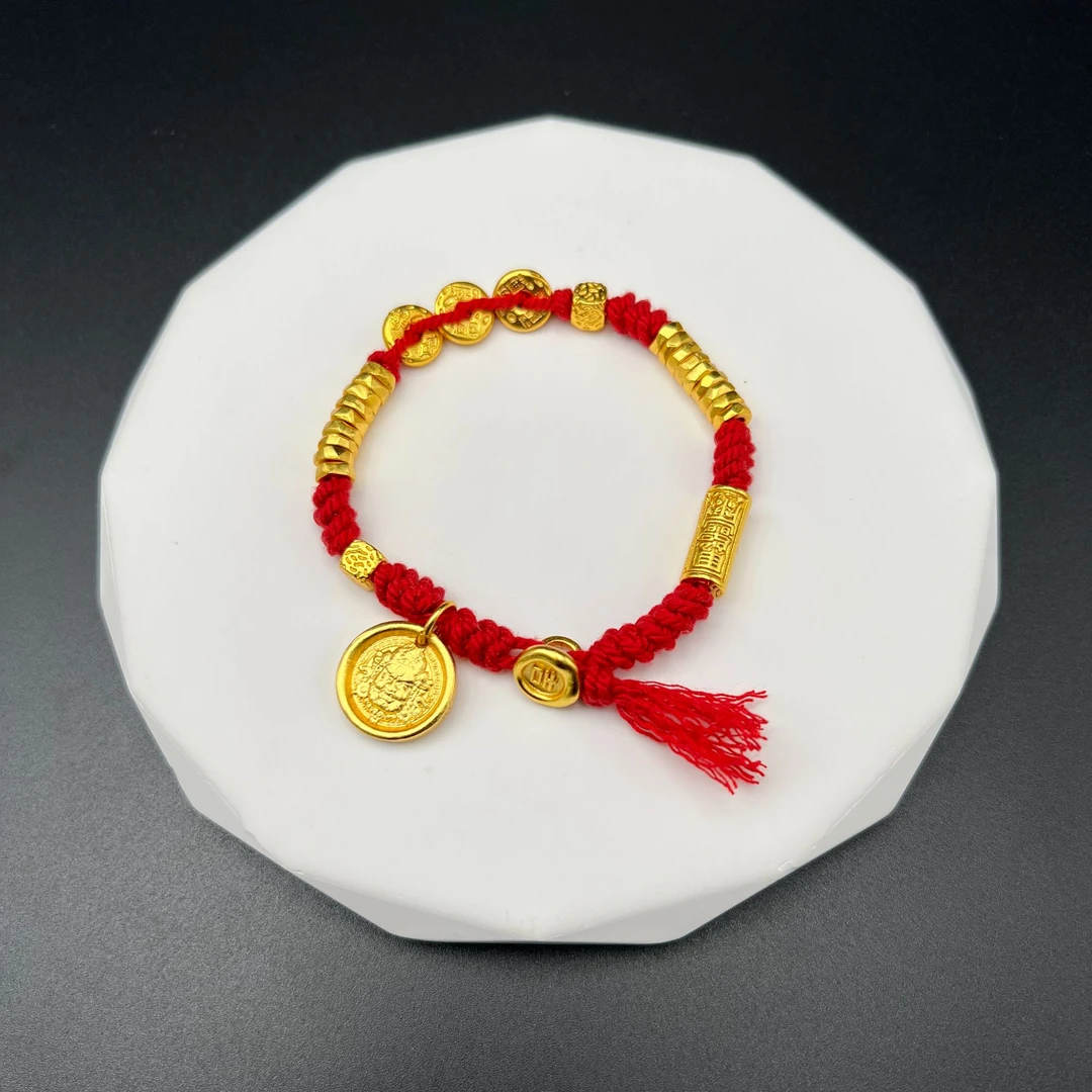 铜合金手链 媛创喇叭红手搓棉黄财神提溜手链纯手工编制