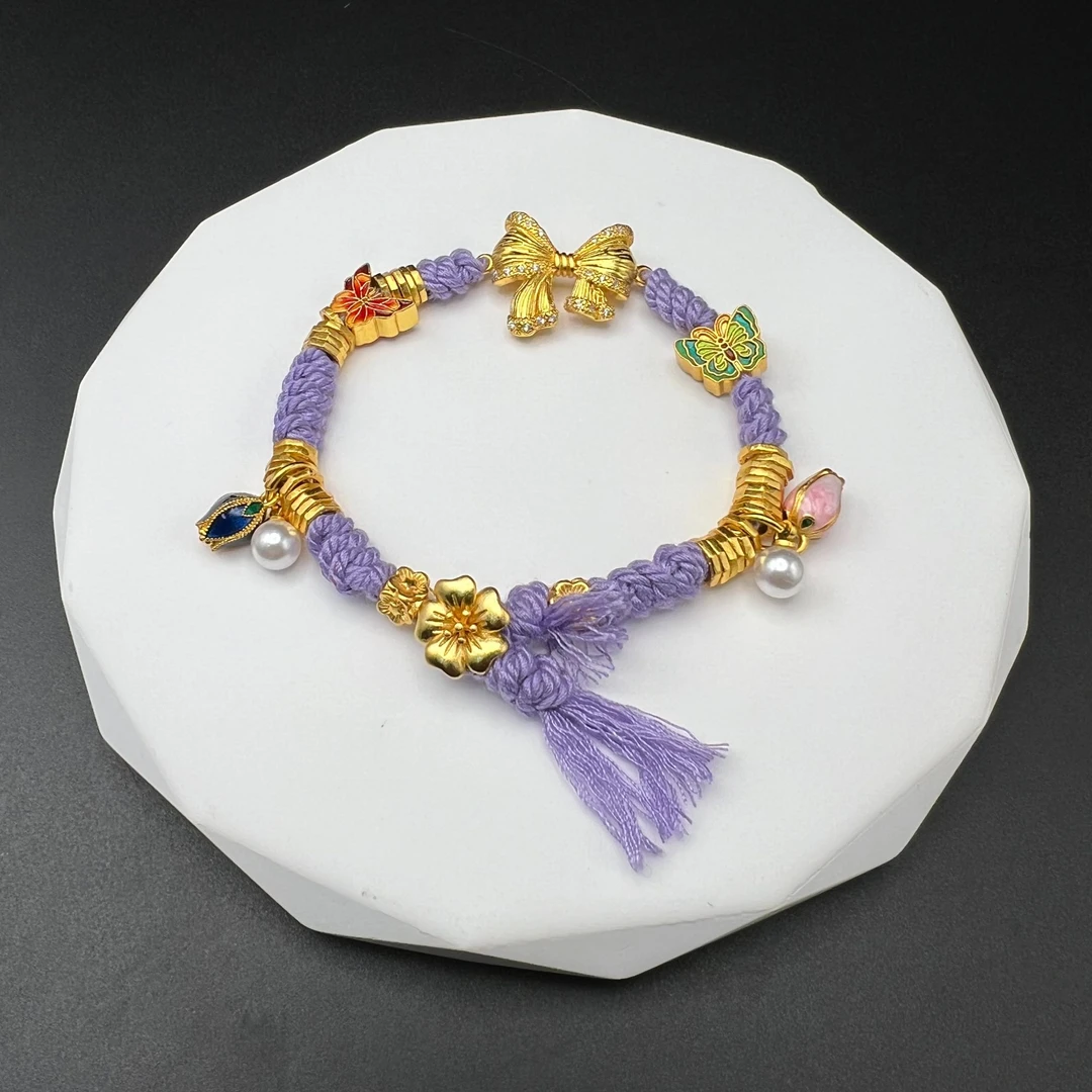 铜合金手链 媛创香芋紫色手搓棉手链相遇蝴蝶提溜纯手工编制