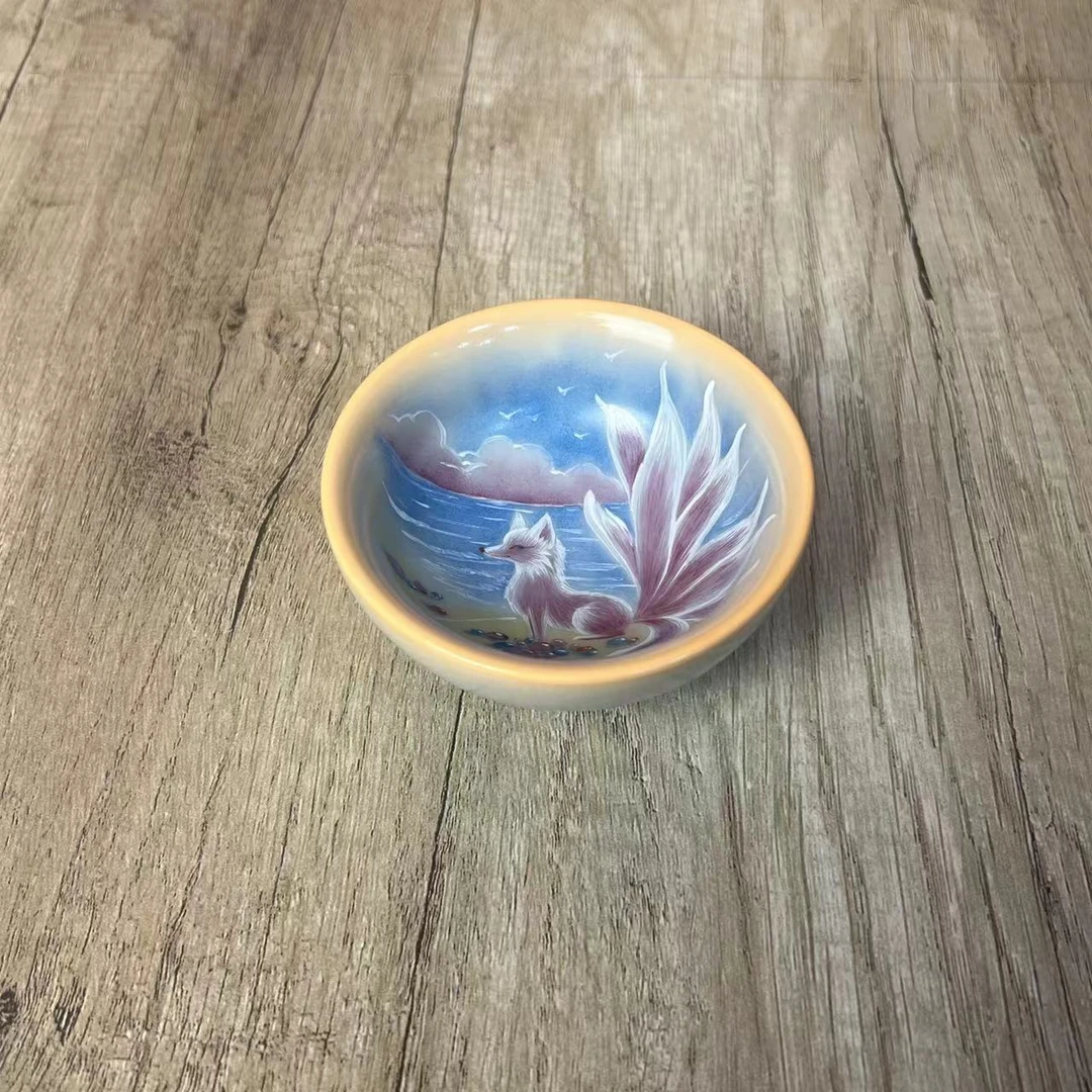 杏黄九尾茶碗-纯手工陶瓷主人杯全手工手绘茶杯