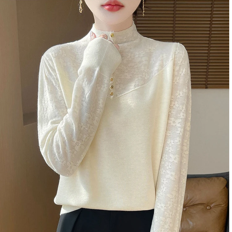 24年新款秋冬半高领蕾丝气质内搭长袖时尚洋气百搭针织衫