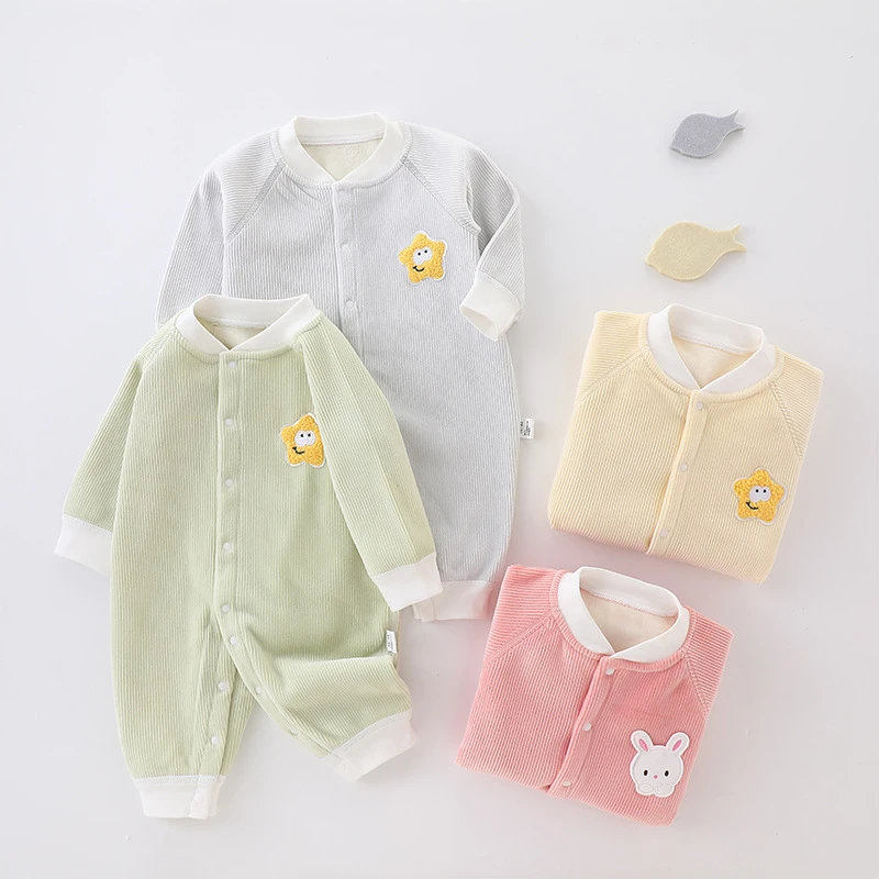 婴儿连体衣无骨加绒秋冬加厚女宝宝外穿保暖哈衣睡衣男新生儿爬服